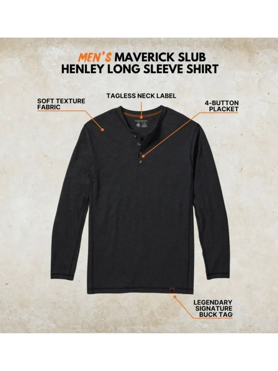Мужская рубашка-поло Maverick Slub Henley с длинным рукавом Legendary Whitetails — изображение 3 из 6, темно-серый