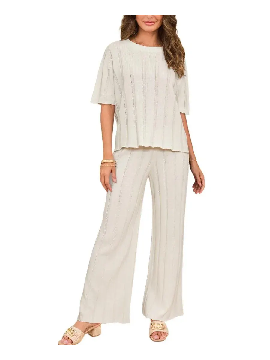 Комплект из топа с коротким рукавом и широких брюк, Ribbed Knit Short Sleeve Top and Wide Leg Pants