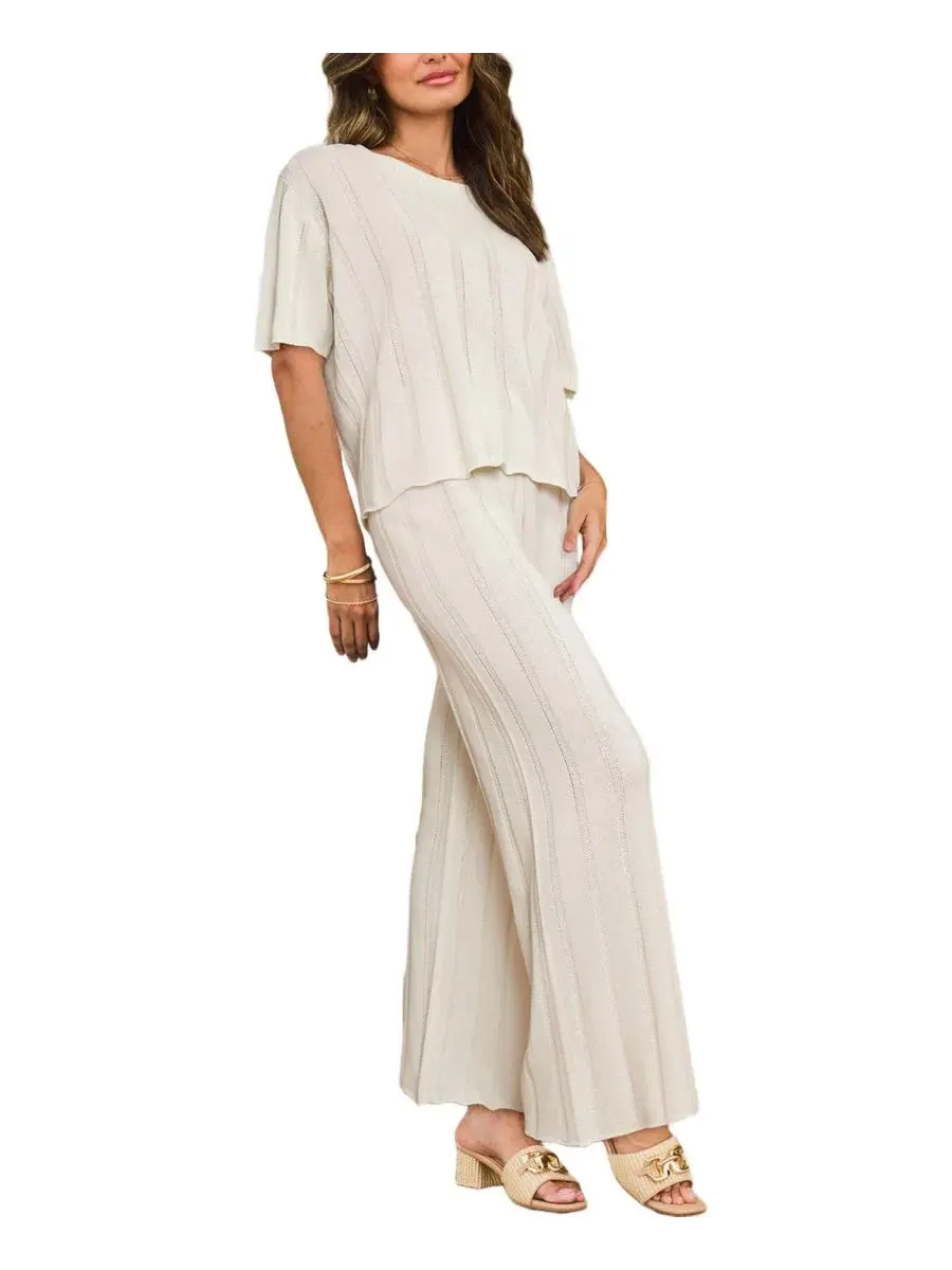 Комплект из топа с коротким рукавом и широких брюк, Ribbed Knit Short Sleeve Top and Wide Leg Pants — изображение 3 из 3