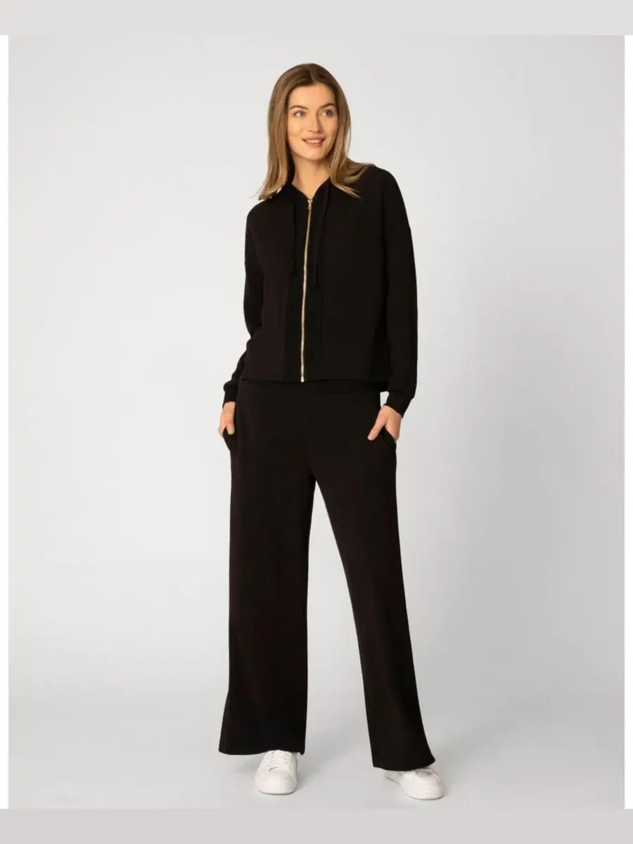 Женский комплект из худи и брюк с вязаной отделкой, модель Crochet Zip Front Pant Set Cable & Gauge — черный