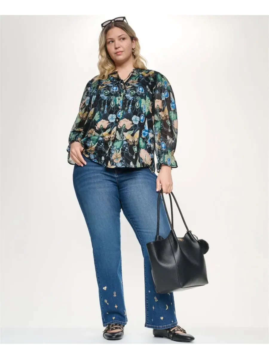 Блуза с воротником и принтом Plus Size KARL LAGERFELD PARIS — изображение 2 из 8, черный мульти