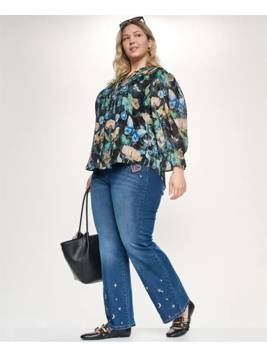 Блуза с воротником и принтом Plus Size KARL LAGERFELD PARIS — изображение 3 из 8, черный мульти