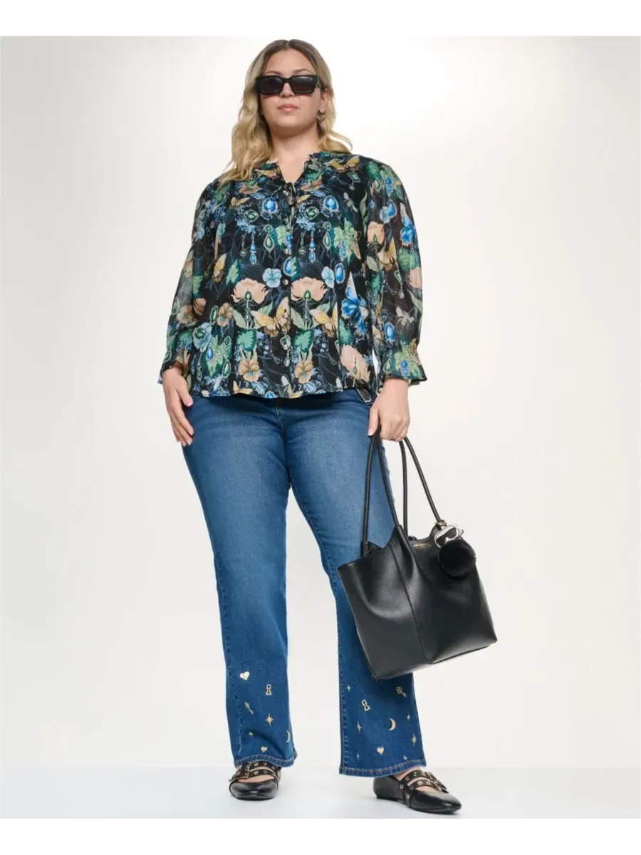 Блуза с воротником и принтом Plus Size KARL LAGERFELD PARIS — изображение 8 из 8, черный мульти