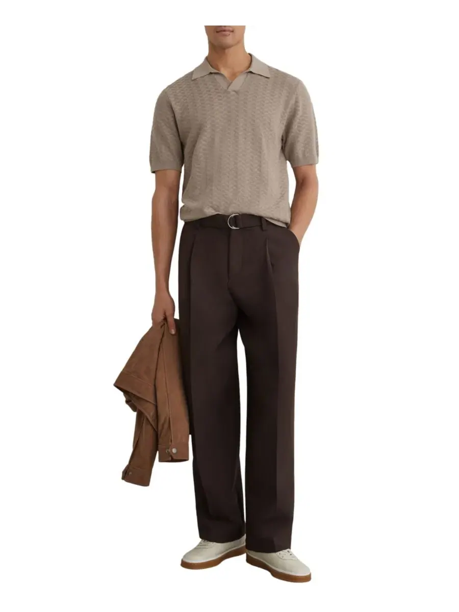 Поло с геометрическим трикотажем, Slim Fit, модель Sol REISS — изображение 2 из 9, коричневый