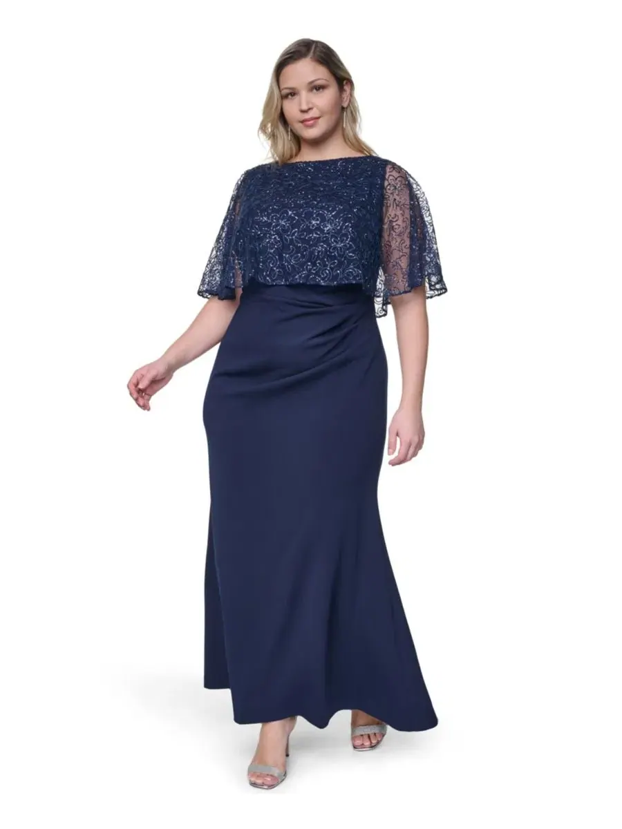Платье-бальное с накидкой, длинное, с бисером, модель Capelet Boat Neck Gown Jessica Howard — синий