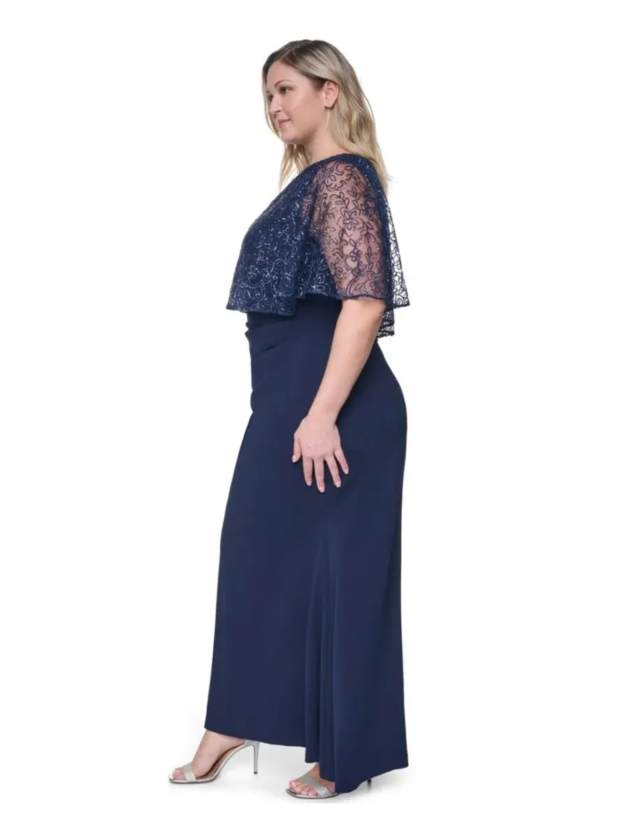 Платье-бальное с накидкой, длинное, с бисером, модель Capelet Boat Neck Gown Jessica Howard — изображение 2 из 5, темно-синий