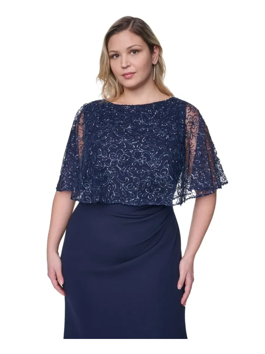 Платье-бальное с накидкой, длинное, с бисером, модель Capelet Boat Neck Gown Jessica Howard — изображение 3 из 5, темно-синий