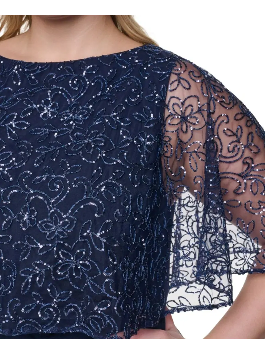 Платье-бальное с накидкой, длинное, с бисером, модель Capelet Boat Neck Gown Jessica Howard — изображение 4 из 5, темно-синий