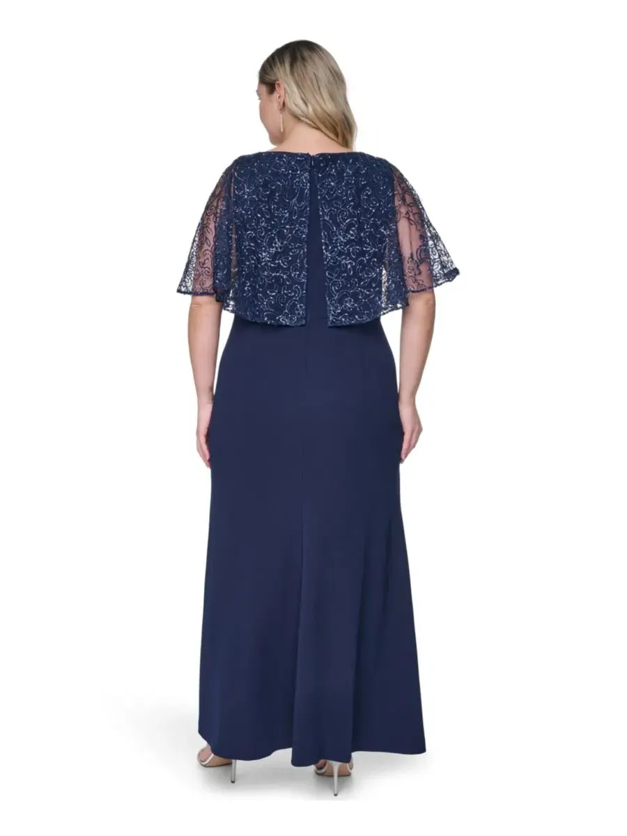 Платье-бальное с накидкой, длинное, с бисером, модель Capelet Boat Neck Gown Jessica Howard — изображение 5 из 5, темно-синий