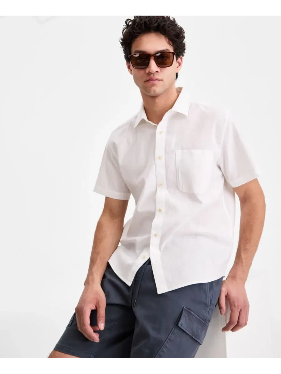 Рубашка с коротким рукавом Devin Linen Blend Woven Sun + Stone — изображение 2 из 4, яркий белый