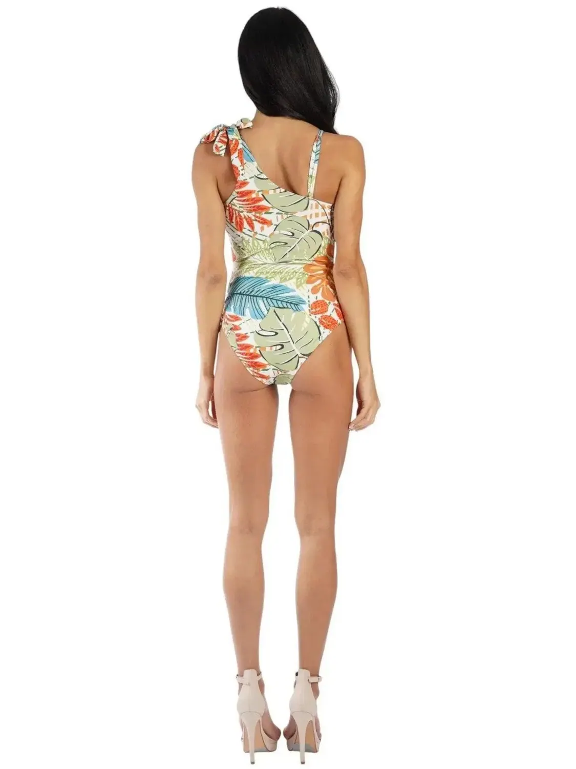 Женский слитный купальник с принтом, модель Tropical Print One-Shoulder La Moda Clothing — изображение 2 из 4, бежевый