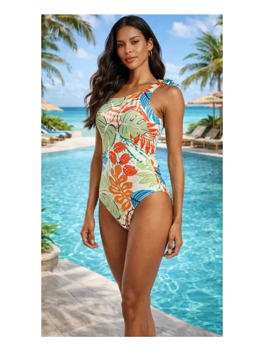 Женский слитный купальник с принтом, модель Tropical Print One-Shoulder La Moda Clothing — изображение 3 из 4, бежевый