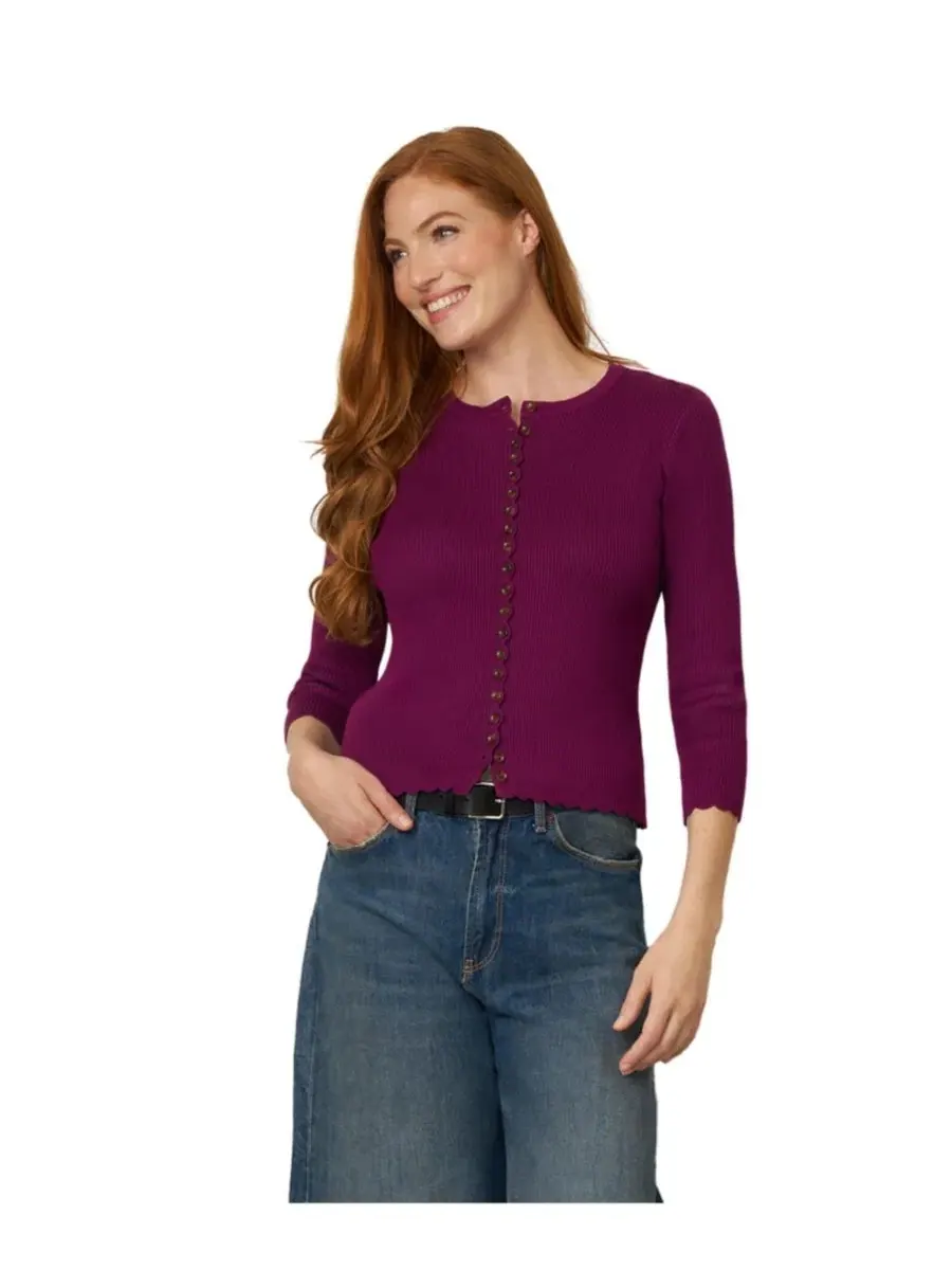 Кардиган с отделкой фестонами и 3/4 рукавами Cable & Gauge, Plum Caspia — изображение 1 из 5