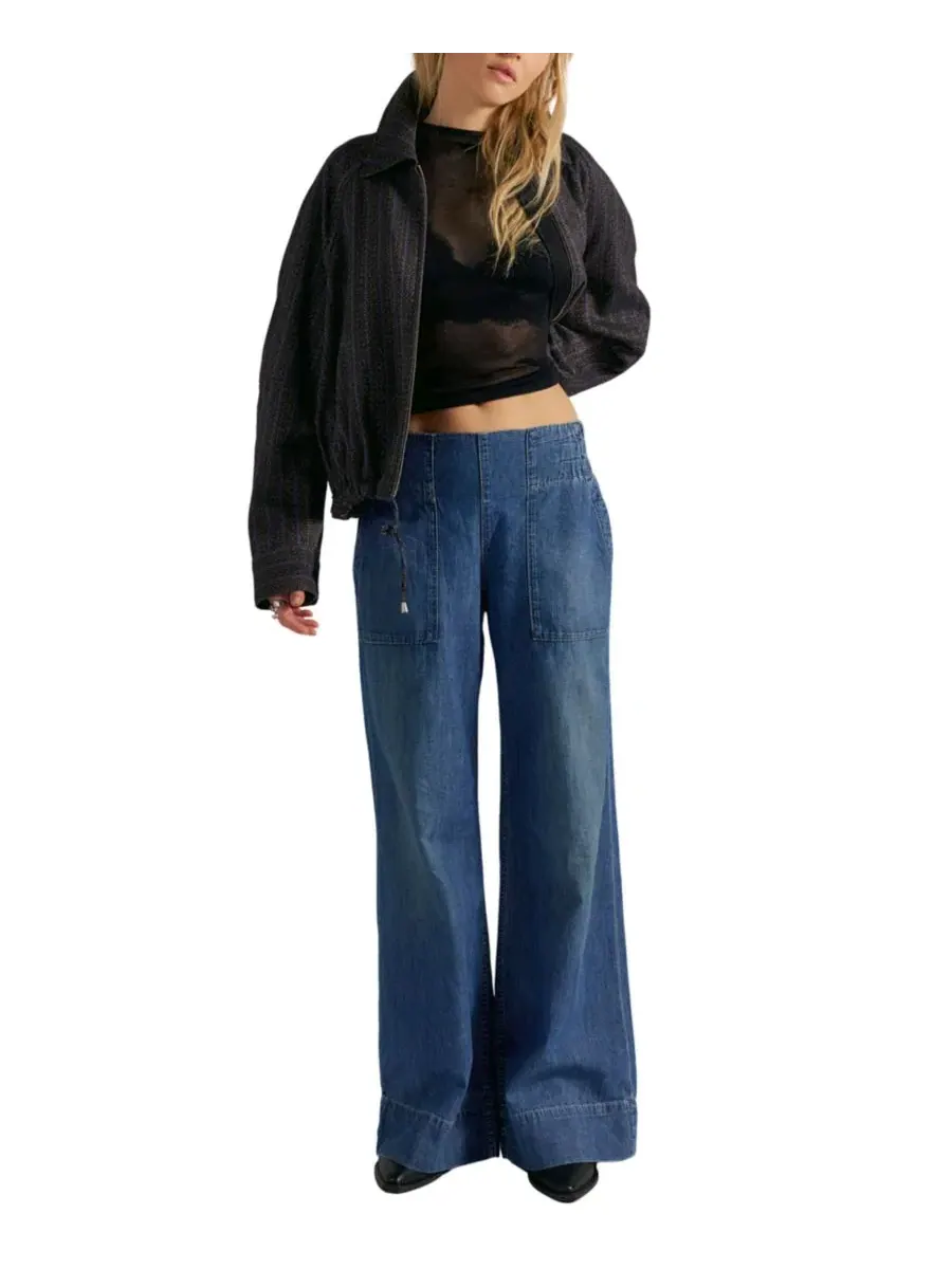 Джинсы карго с широкой штаниной, модель Mid-Rise Wide-Leg Utility Free People — изображение 2 из 8, синий