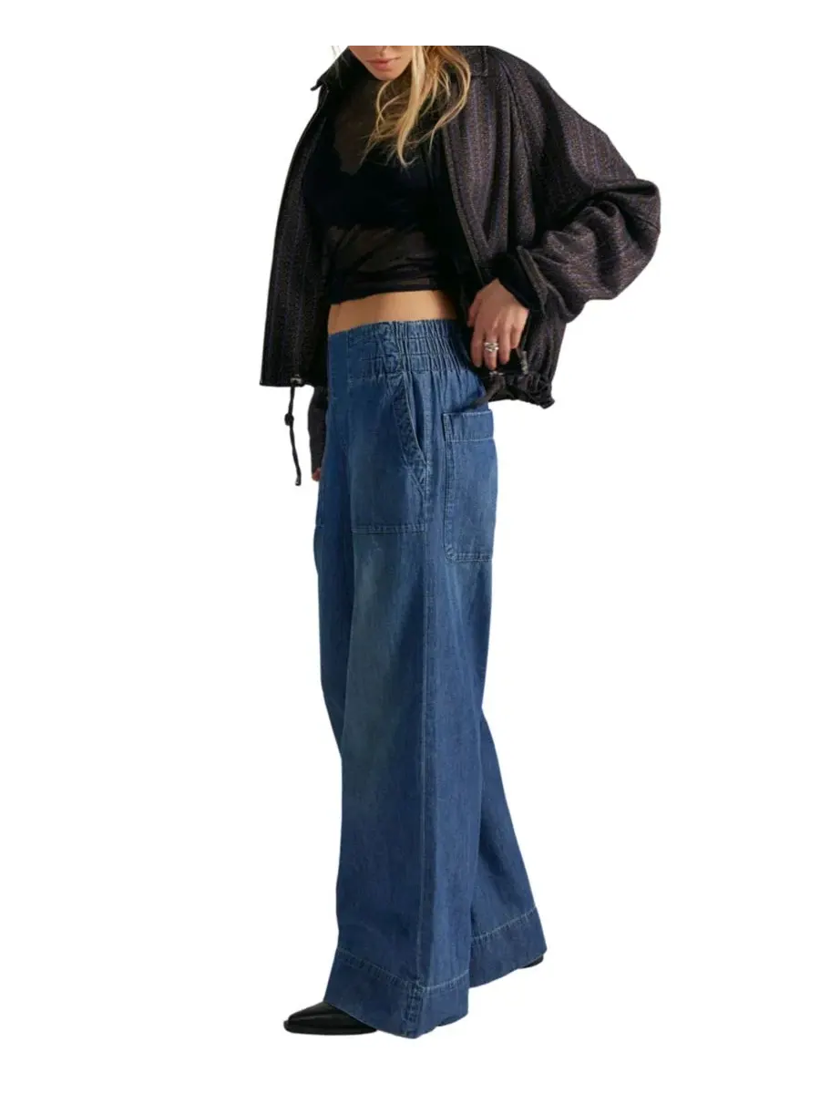 Джинсы карго с широкой штаниной, модель Mid-Rise Wide-Leg Utility Free People — изображение 3 из 8, синий