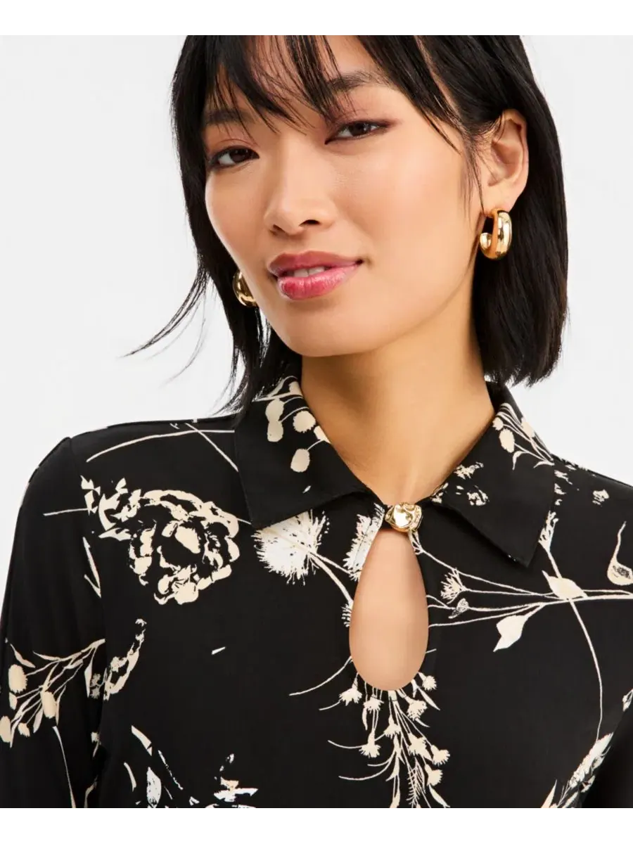 Блуза с принтом и длинным рукавом, модель Point Collar Keyhole I.N.C. International Concepts — изображение 3 из 6, черный