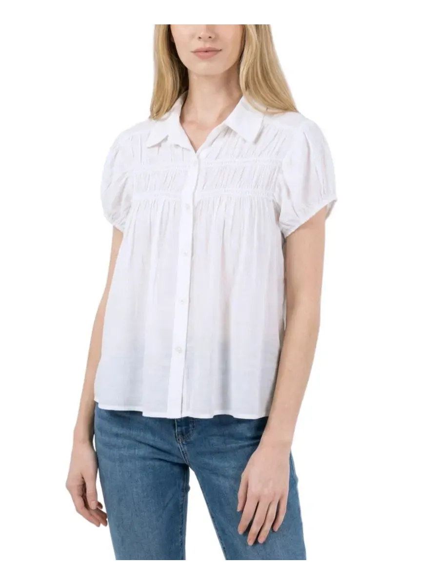 Блузка с завязками и рюшами, Petite Collared Rouched Yoke Top NY Collection