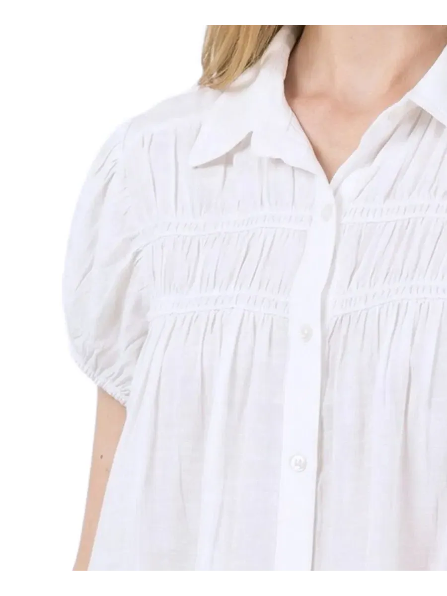 Блузка с завязками и рюшами, Petite Collared Rouched Yoke Top NY Collection — изображение 3 из 4, белый