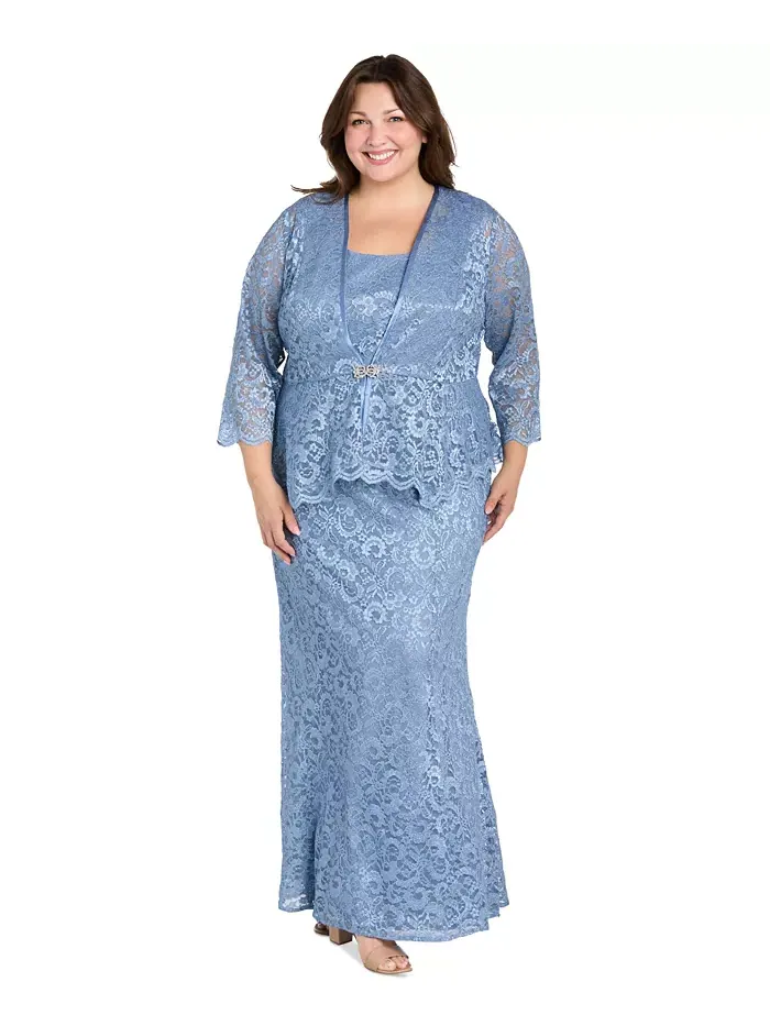 Жакет и платье с металлизированным кружевом Plus Size R & M Richards — изображение 1 из 6, синий