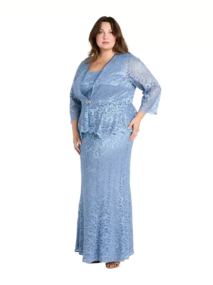 Жакет и платье с металлизированным кружевом Plus Size R & M Richards — изображение 5 из 6, синий