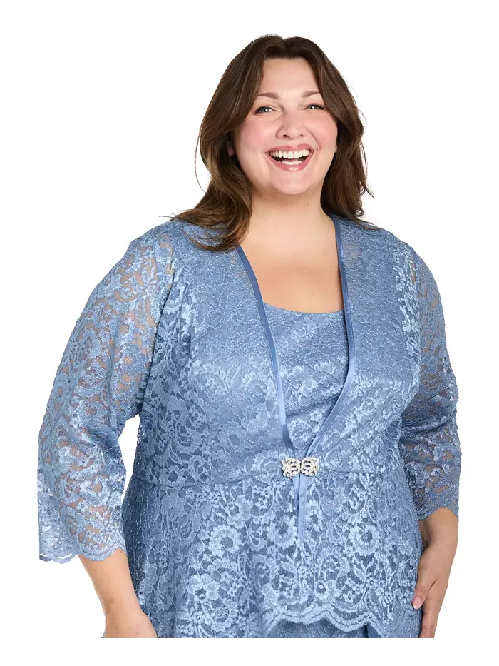 Жакет и платье с металлизированным кружевом Plus Size R & M Richards — изображение 6 из 6, синий