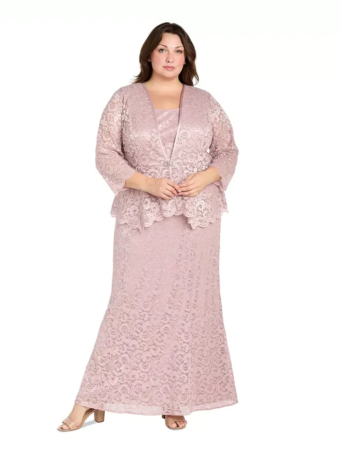Жакет и платье с металлизированным кружевом Plus Size R & M Richards — розовый