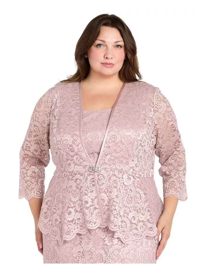 Жакет и платье с металлизированным кружевом Plus Size R & M Richards — изображение 3 из 5, розовый