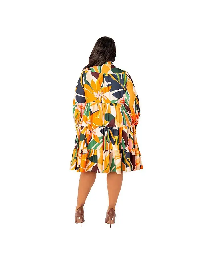 Платье-рубашка с длинным рукавом и ярусами в цветочном принте, plus size Buxom Couture — изображение 2 из 4, бежевый мульти
