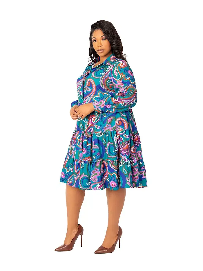 Платье-рубашка с длинным рукавом и ярусами в цветочном принте, plus size Buxom Couture — изображение 2 из 3, мульти