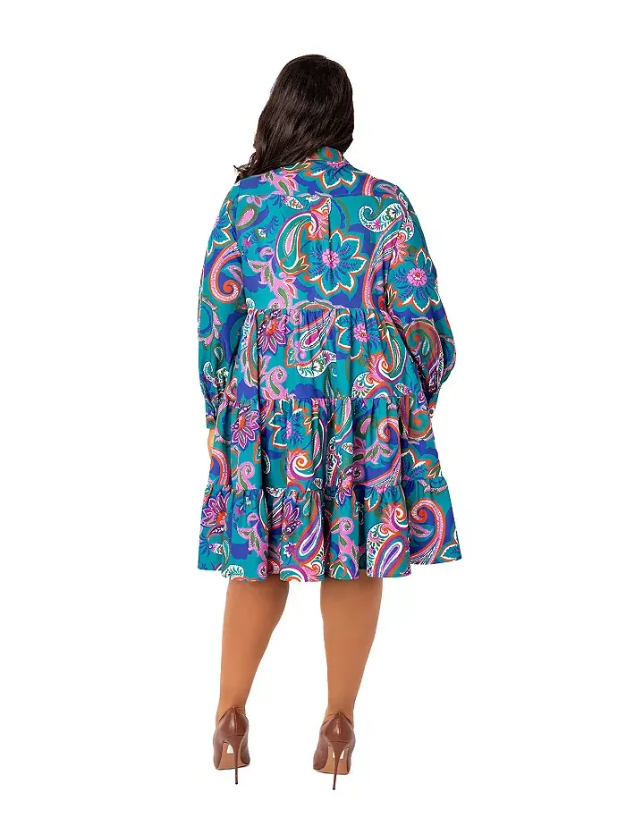 Платье-рубашка с длинным рукавом и ярусами в цветочном принте, plus size Buxom Couture — изображение 3 из 3, мульти