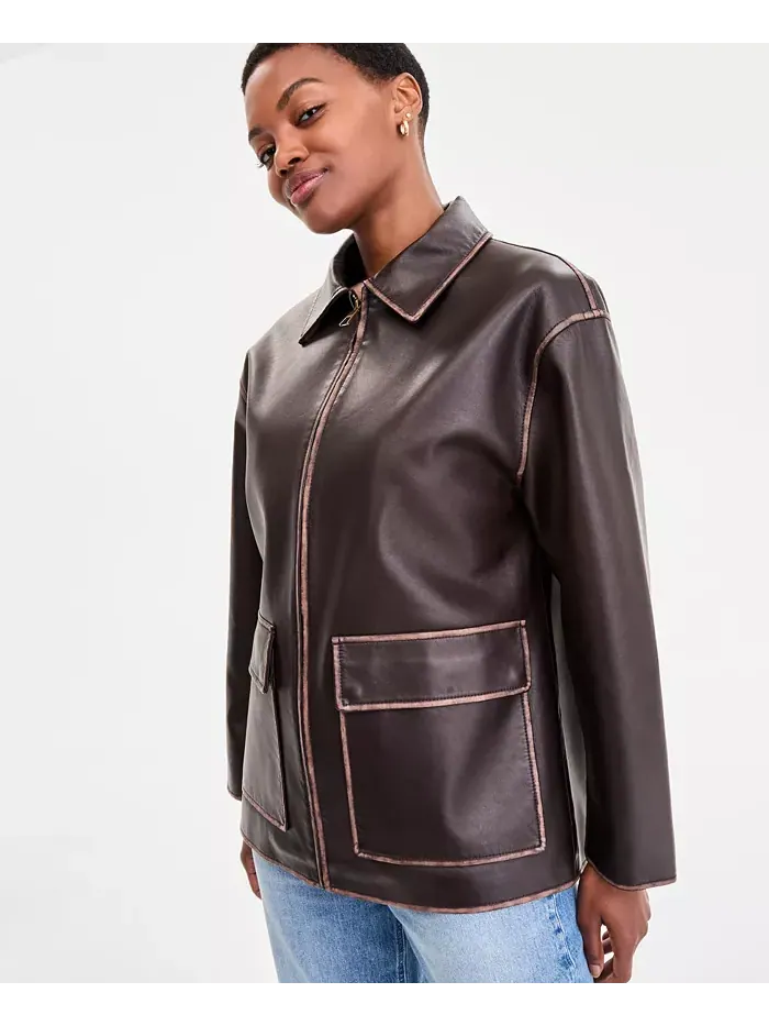 Женское пальто из искусственной кожи на молнии спереди, P/XXS-XXL BCBGMAXAZRIA — изображение 3 из 5, коричневый