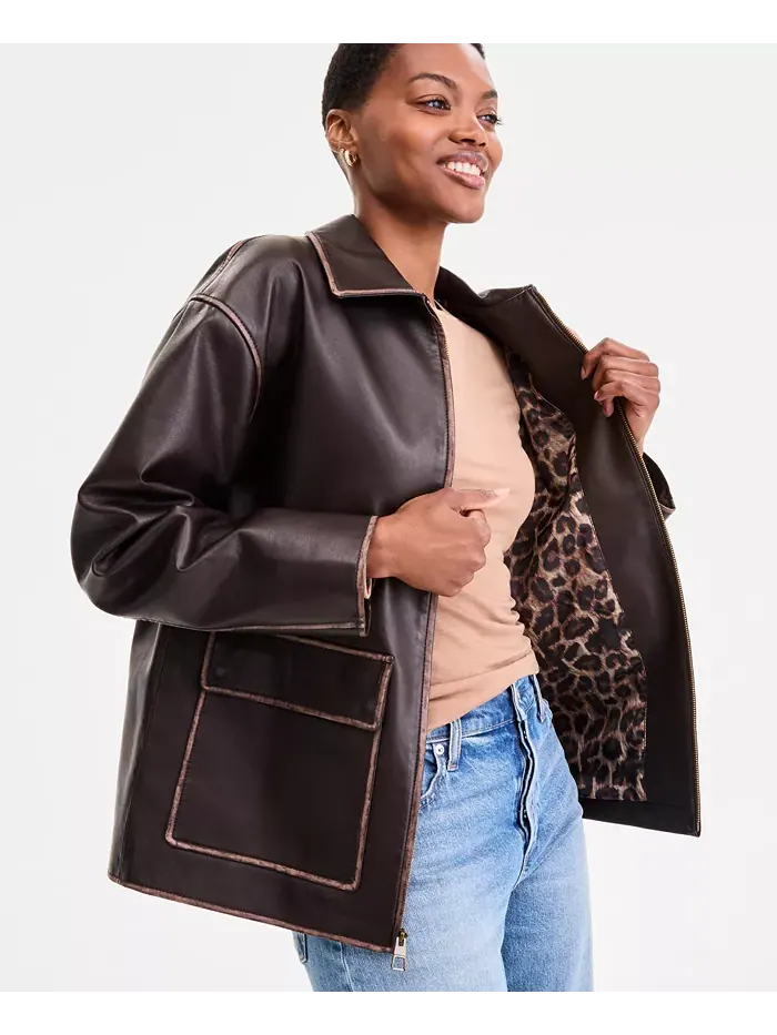 Женское пальто из искусственной кожи на молнии спереди, P/XXS-XXL BCBGMAXAZRIA — изображение 4 из 5, коричневый