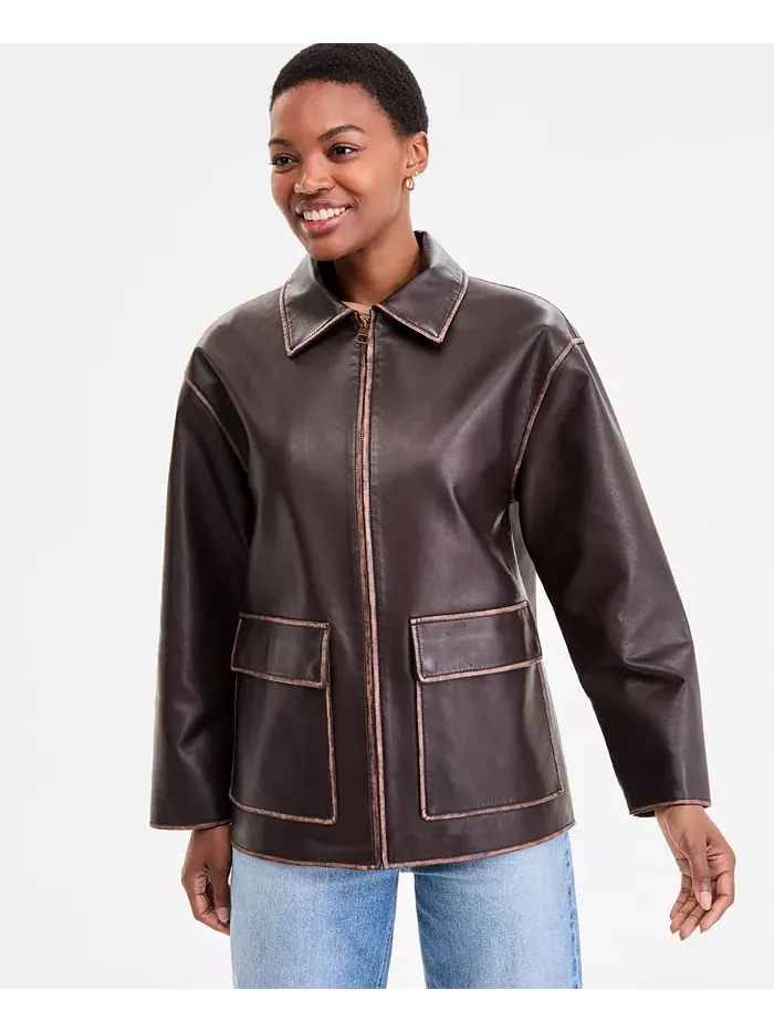 Женское пальто из искусственной кожи на молнии спереди, P/XXS-XXL BCBGMAXAZRIA — изображение 5 из 5, коричневый