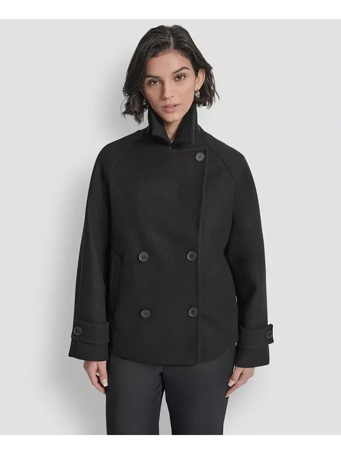 Женское короткое двубортное пальто с воротником DKNY — изображение 2 из 8, черный