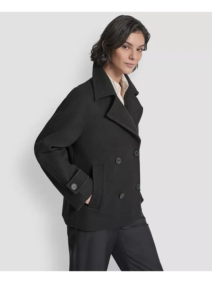 Женское короткое двубортное пальто с воротником DKNY — изображение 3 из 8, черный