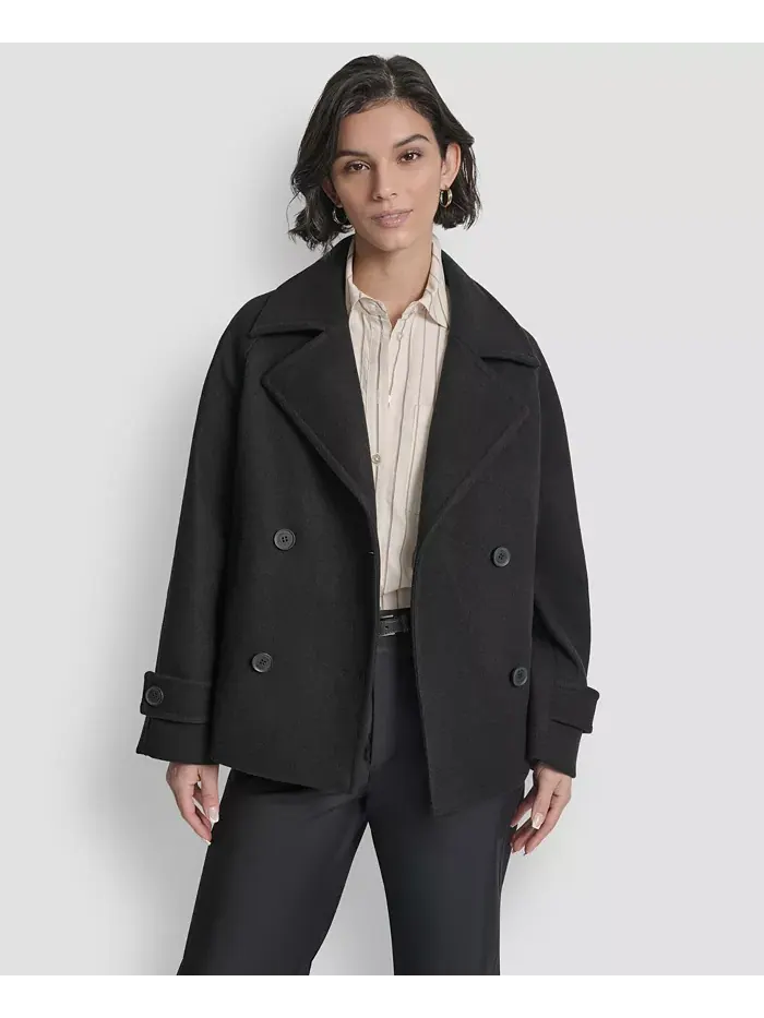 Женское короткое двубортное пальто с воротником DKNY — изображение 5 из 8, черный