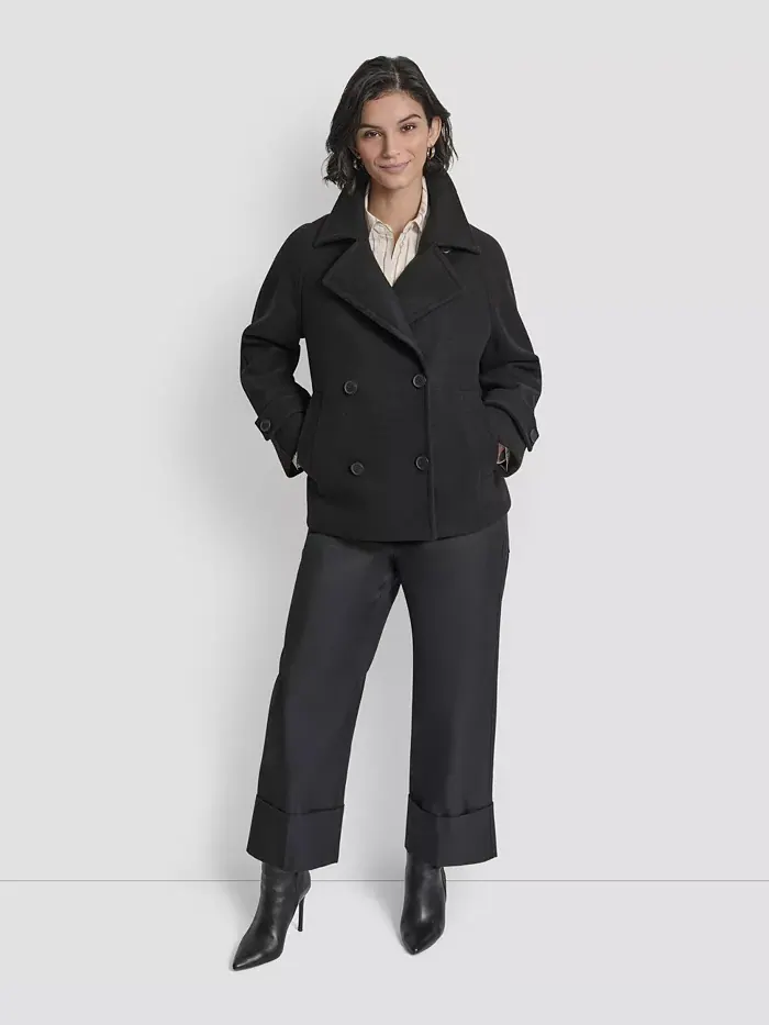 Женское короткое двубортное пальто с воротником DKNY — изображение 6 из 8, черный