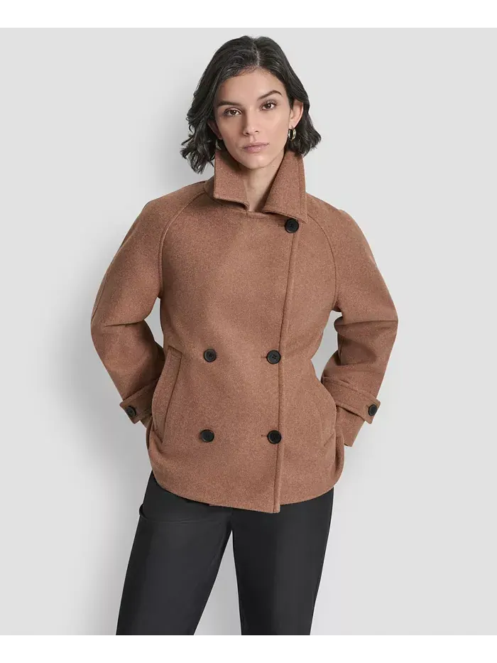 Женское короткое двубортное пальто с воротником DKNY — изображение 3 из 8, бежевый