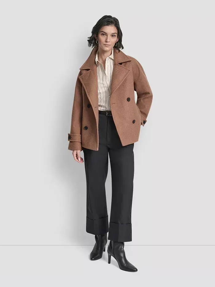Женское короткое двубортное пальто с воротником DKNY — изображение 4 из 8, бежевый
