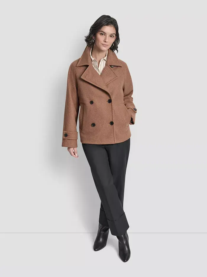 Женское короткое двубортное пальто с воротником DKNY — изображение 6 из 8, бежевый