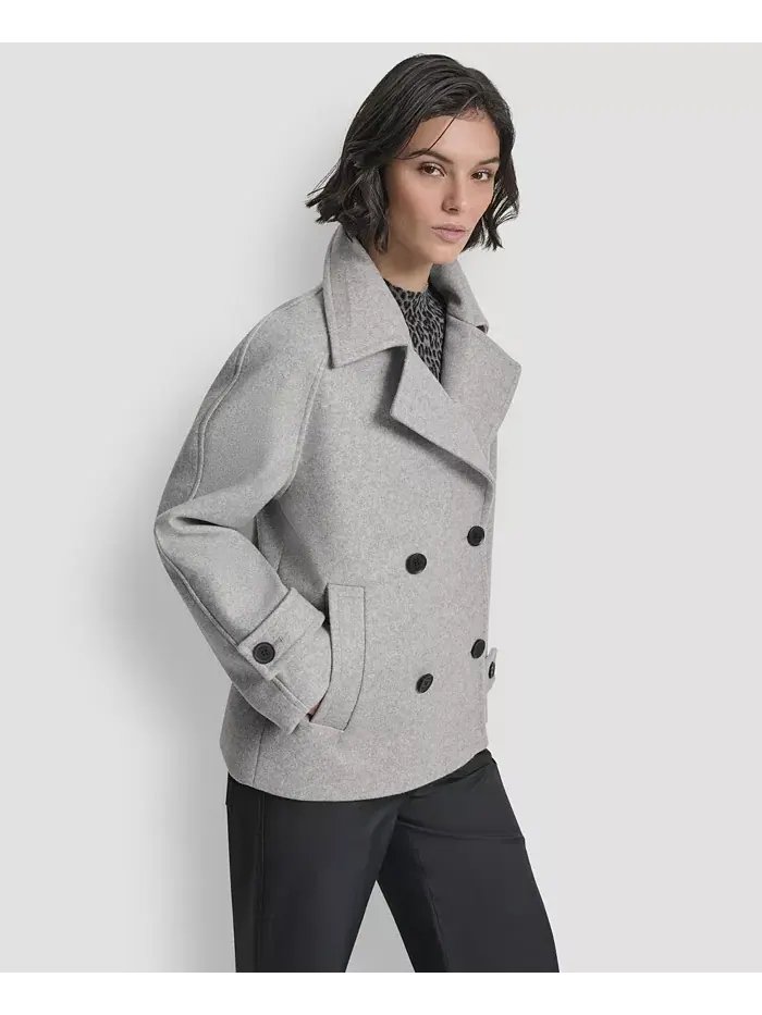Женское короткое двубортное пальто с воротником DKNY — изображение 2 из 9, светлый серый