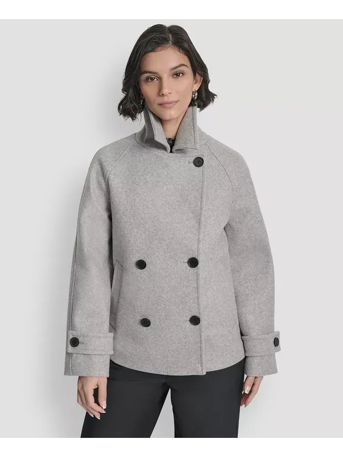 Женское короткое двубортное пальто с воротником DKNY — изображение 3 из 9, светлый серый
