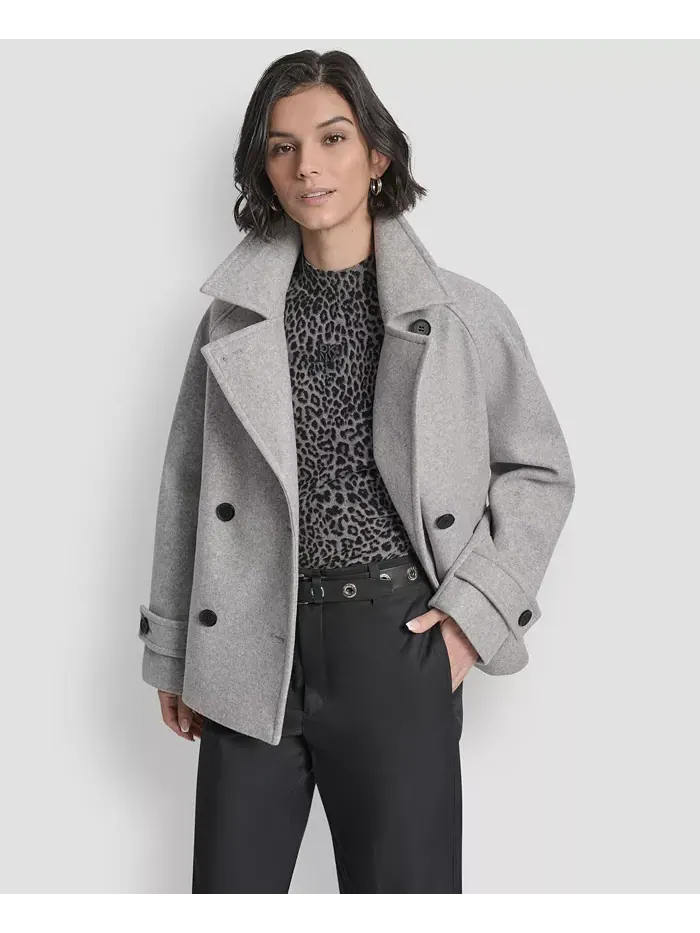 Женское короткое двубортное пальто с воротником DKNY — изображение 8 из 9, светлый серый