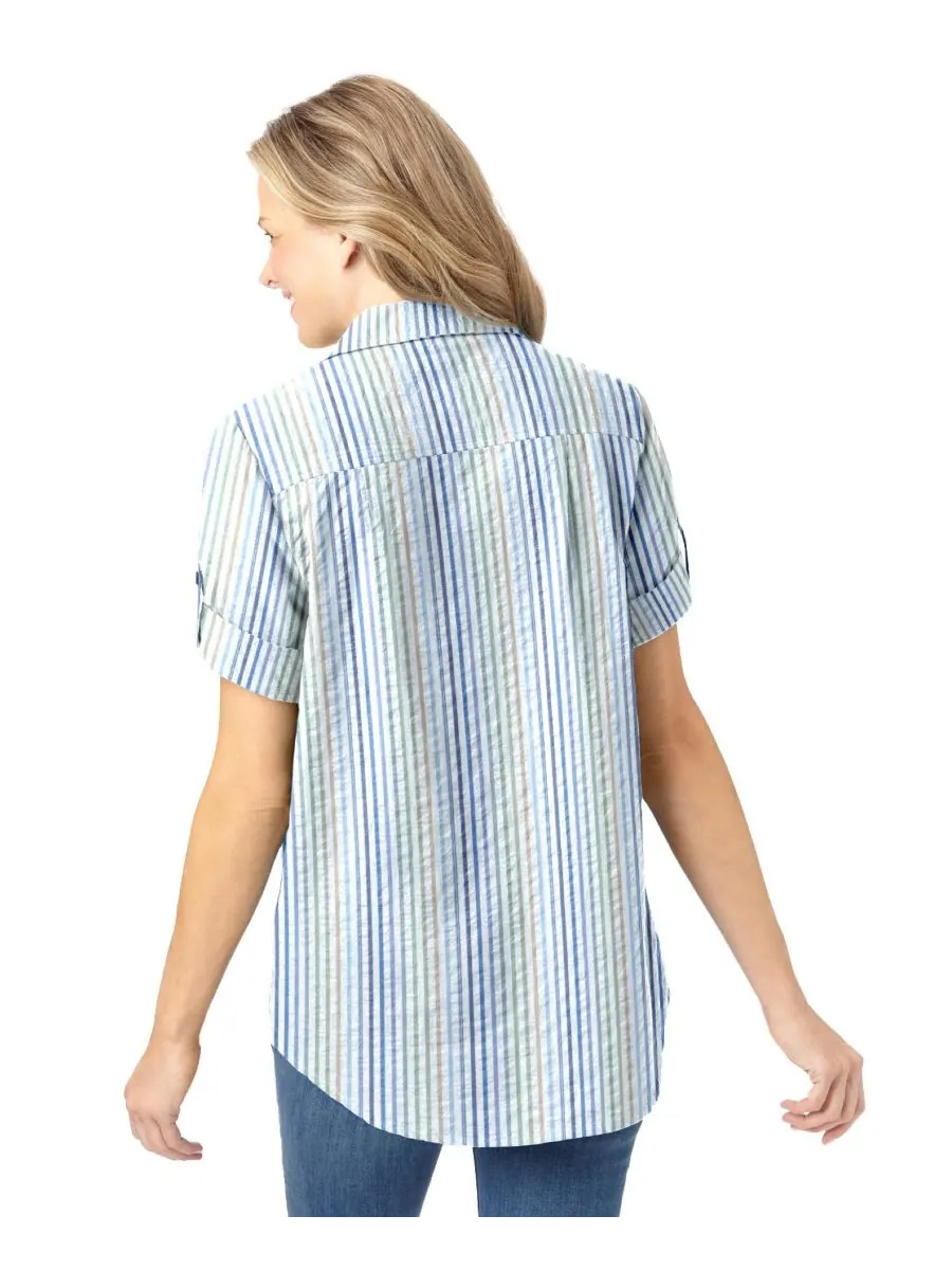 Женская рубашка Within с коротким рукавом и пуговицами из сирсакера Woman Within — изображение 2 из 3, темно-синий