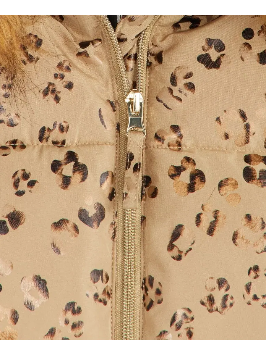 Пуховик с капюшоном и отделкой из искусственного меха Leopard Foil S Rothschild & CO, Taupe Leopard — изображение 2 из 3