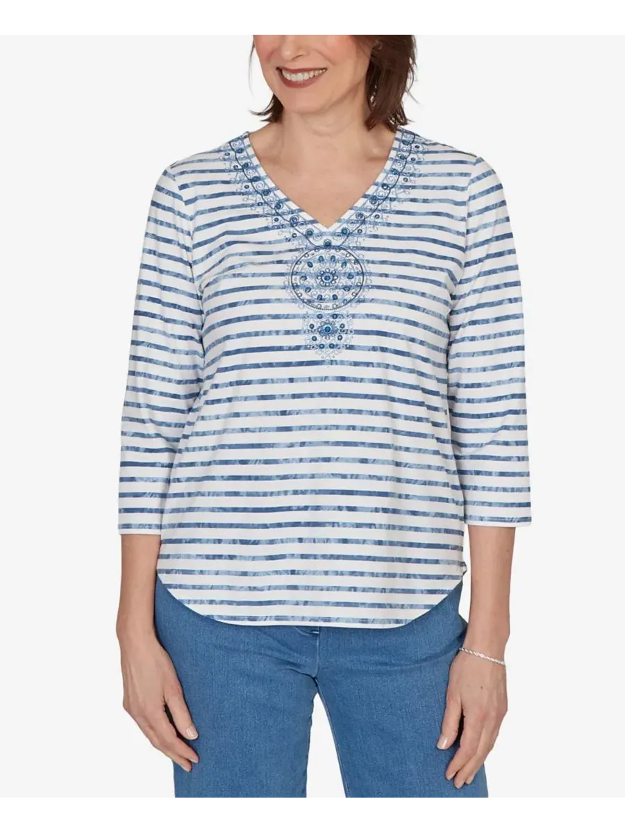 Блуза с вышивкой и полосками Petite Medallion Embroidered Stripe Top Alfred Dunner