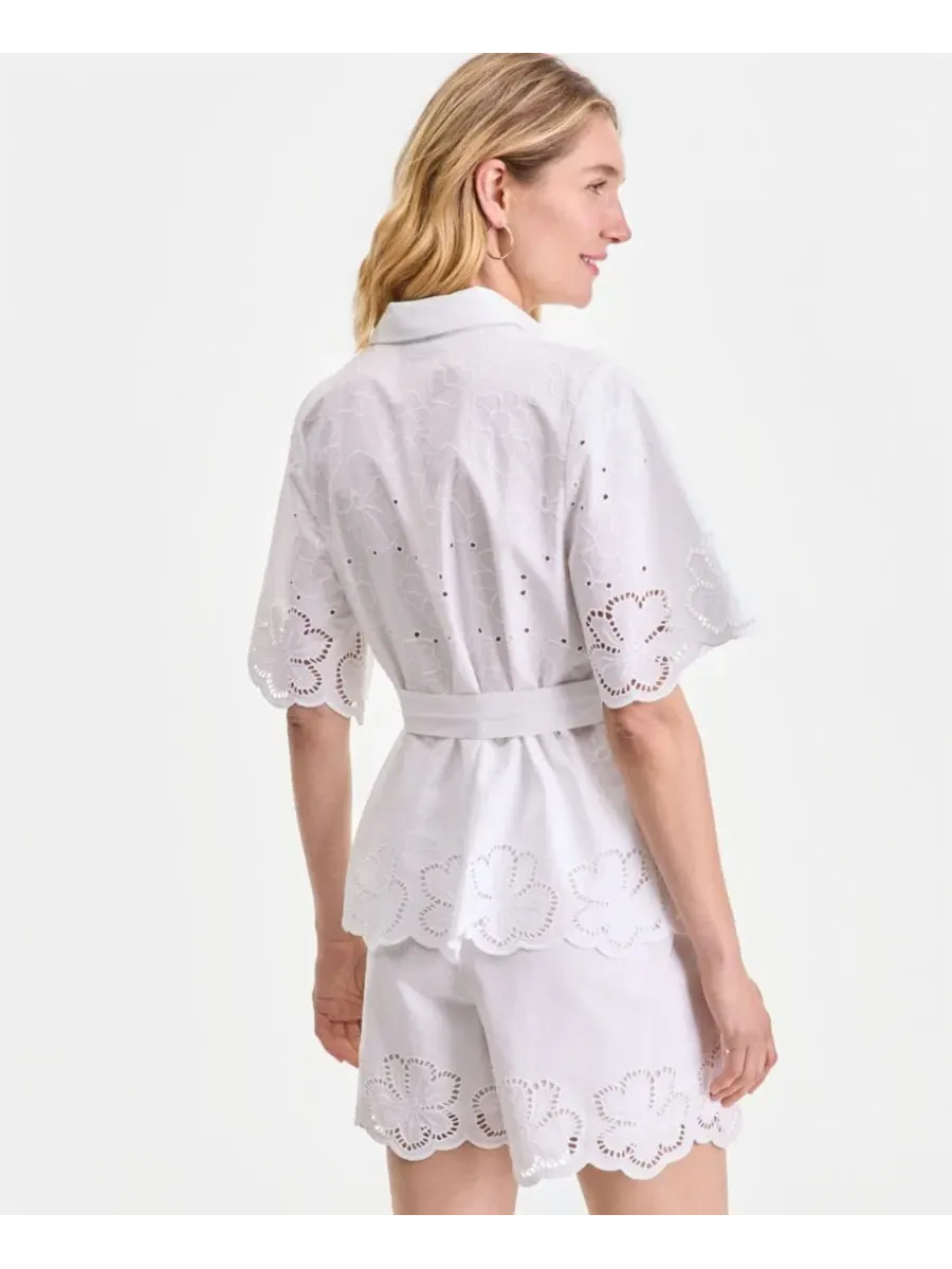 Блуза из хлопка с завязкой на талии, модель Eyelet Tie-Waist I.N.C. International Concepts — изображение 3 из 4, яркий белый
