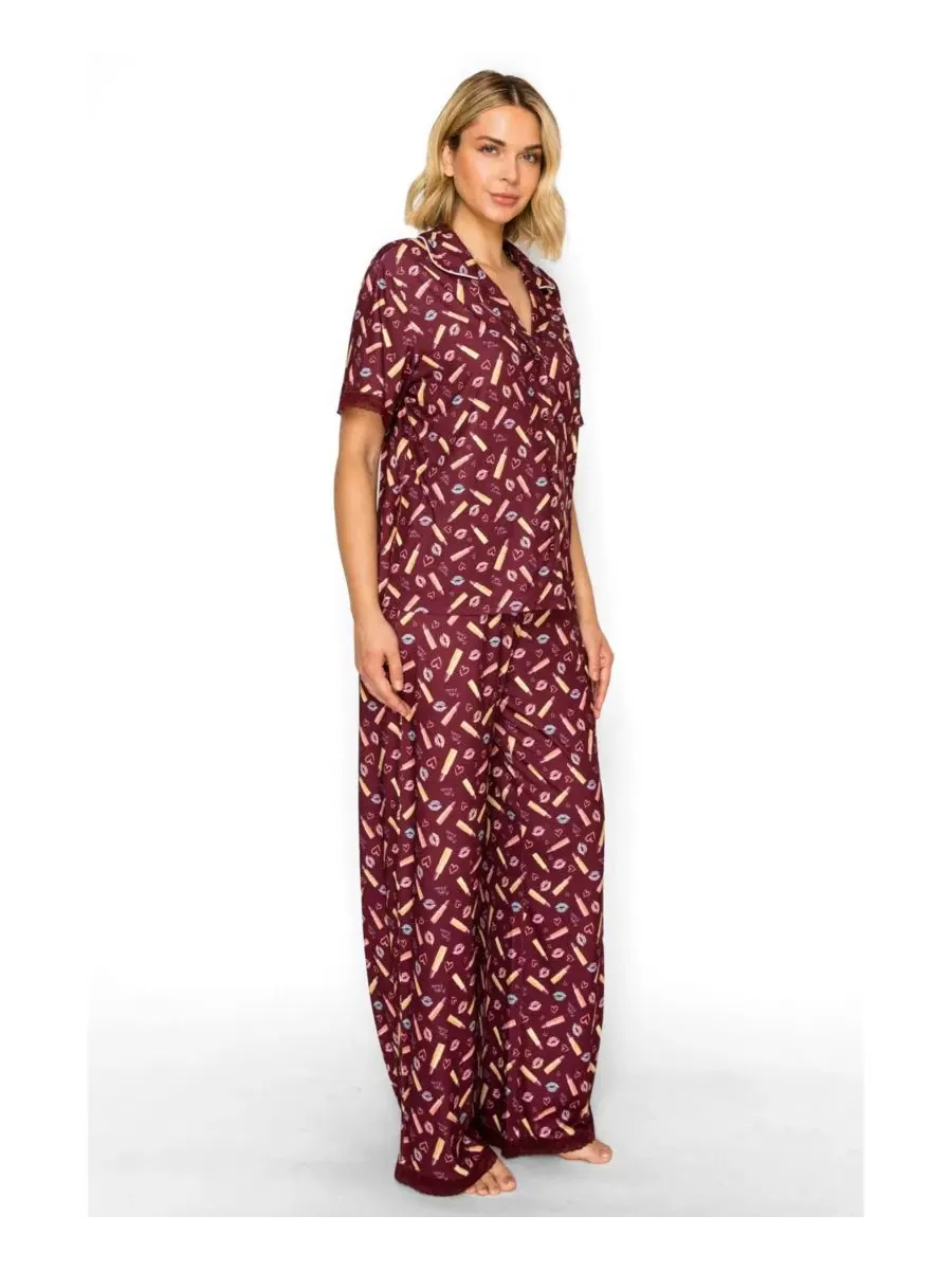 Комплект из рубашки и брюк Yummy Jersey Notched Collar and Wide Leg Pants Set Studio Badgley — изображение 2 из 5