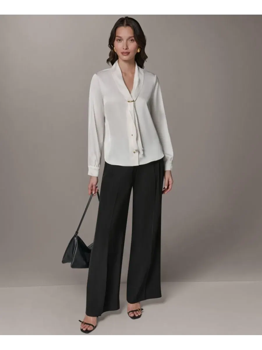 Блуза с V-образным вырезом и длинным рукавом Donna Karan New York — изображение 2 из 6, бежевый