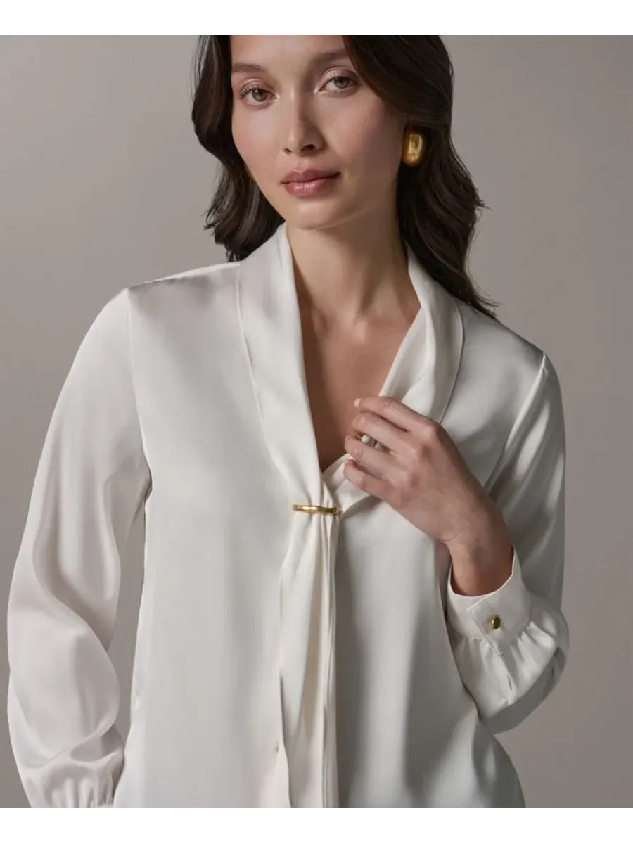 Блуза с V-образным вырезом и длинным рукавом Donna Karan New York — изображение 3 из 6, бежевый